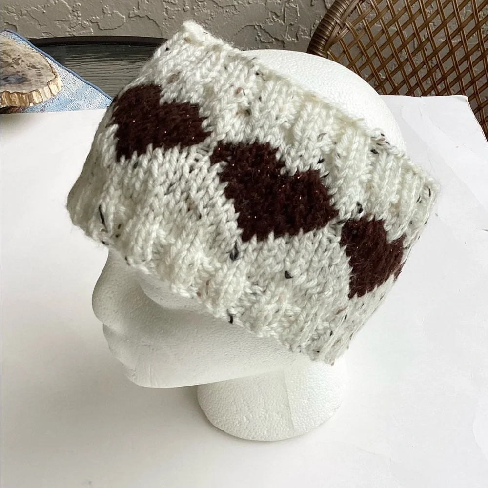 Headband Earwarmer Hand Crafted Knit White Heart Valentines - Picture 5 of 13